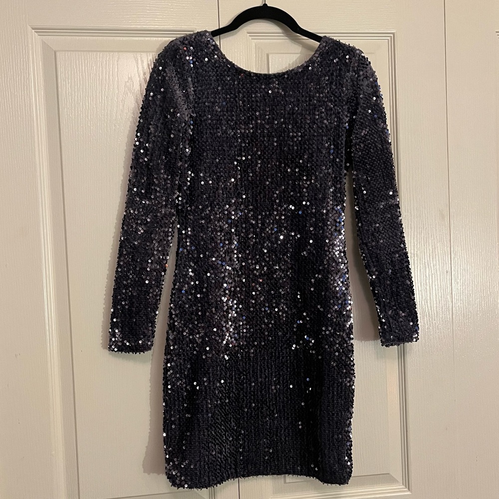 Dark gray/silver sequin long sleeve mini dress.